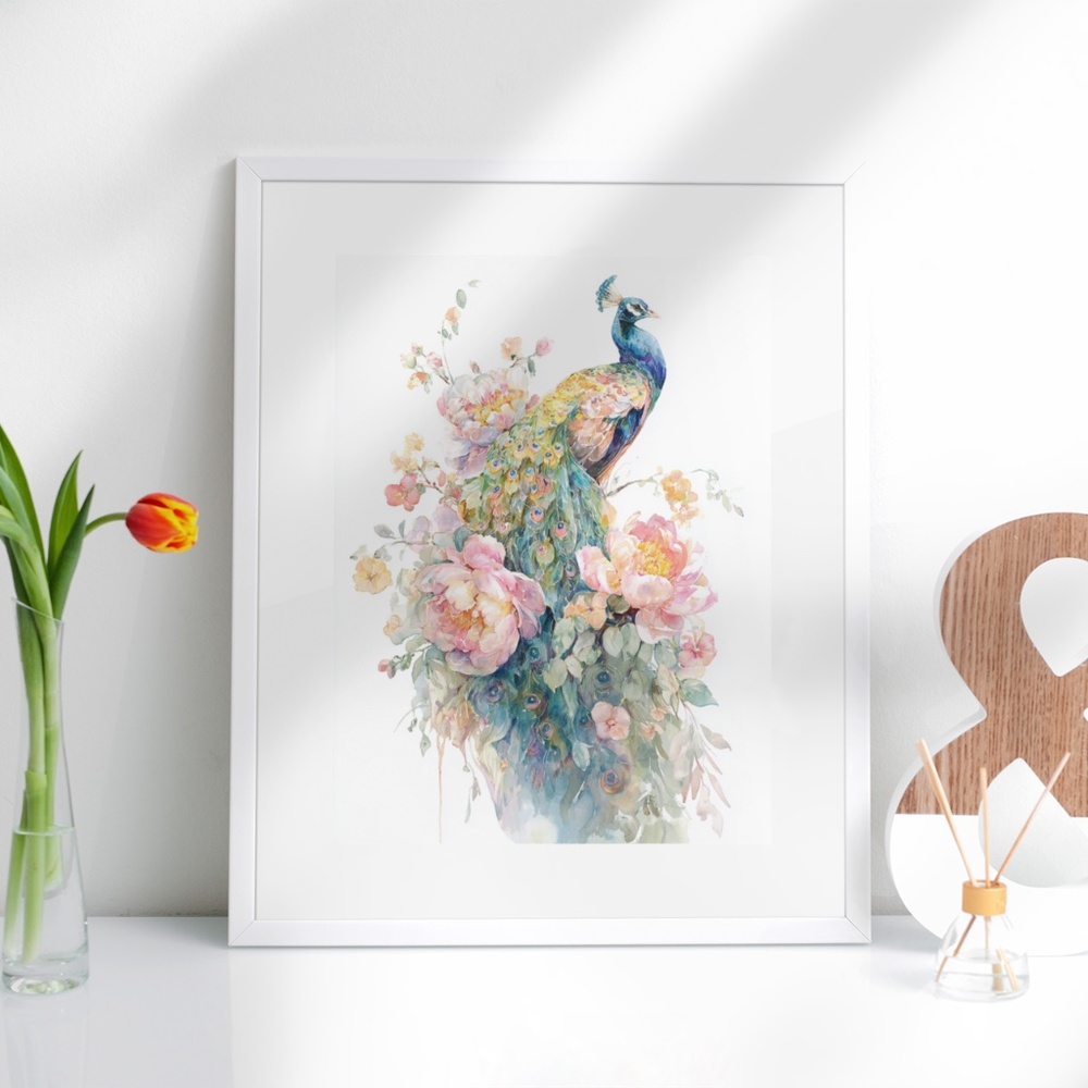 Watercolor Floral Peacock Wall Art Illustration Print Poster Card Unframed - Picture 8 of 9